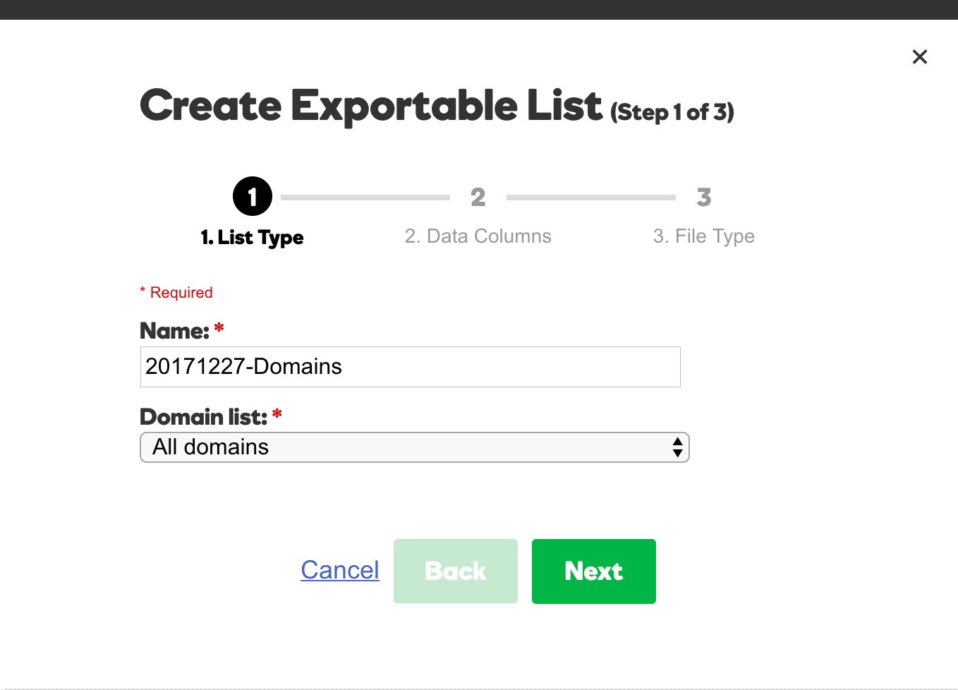 GoDaddy Create Exportable List - Step 1-3