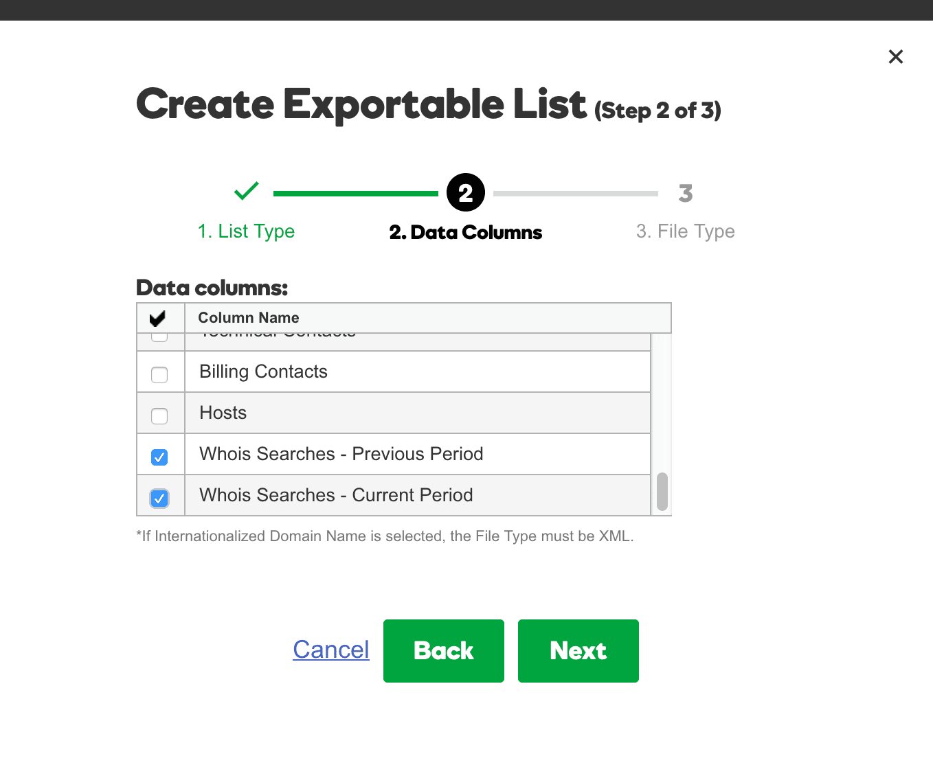 GoDaddy Create Exportable List - Step 2