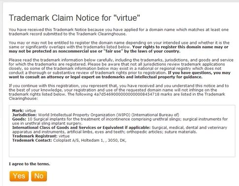 Want to see the fresh Trademark Claims Notice in action? Here’s an example.