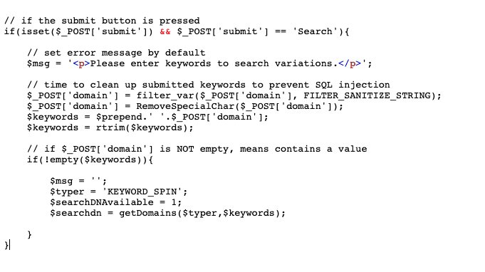Domain Suggestion Tool - Submit Button PHP Code