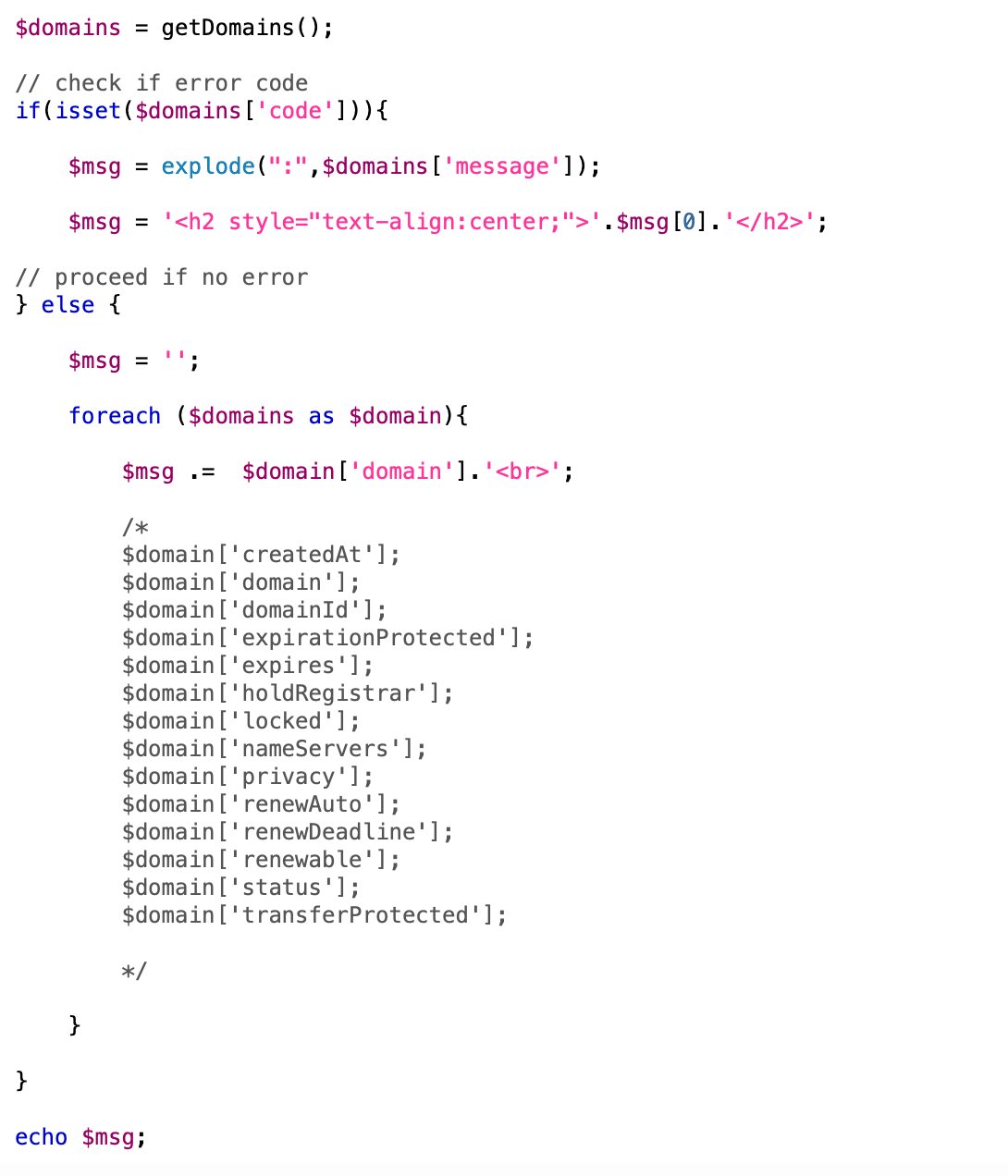 godaddy display retrieved domains list