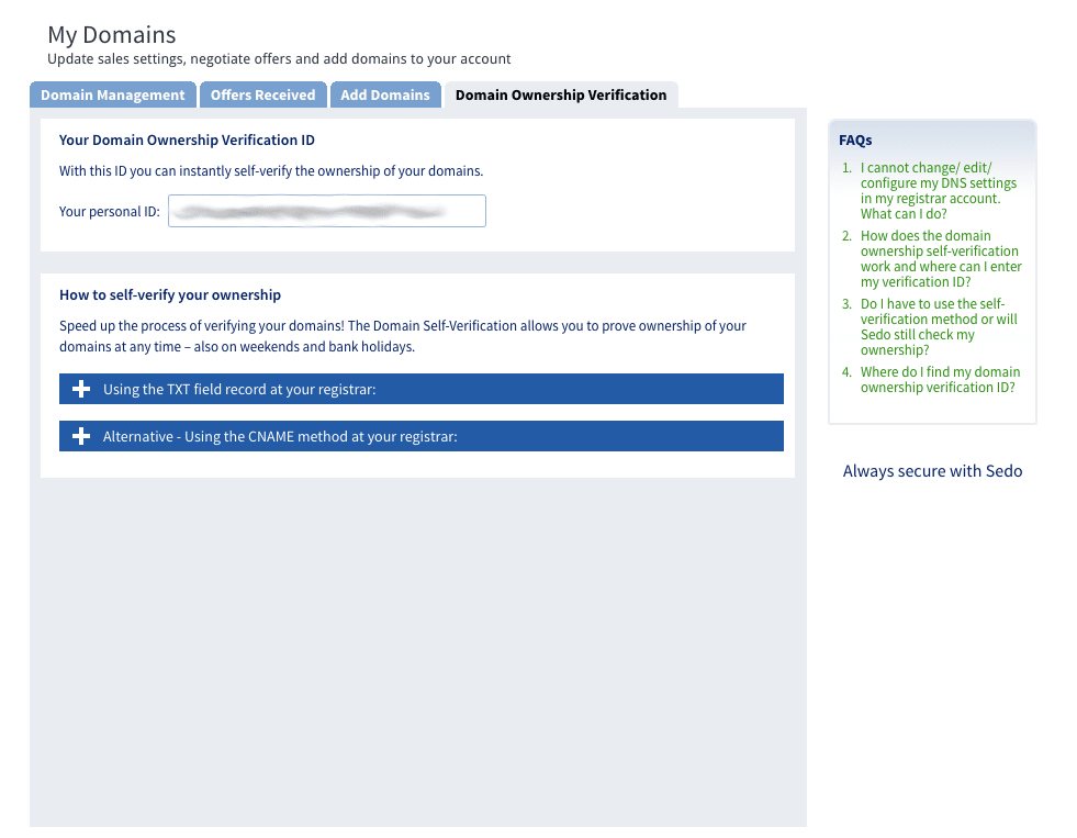 Sedo's how to self-verify your ownership
