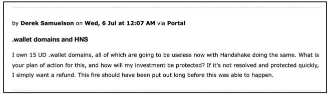 comment from someone complaining regarding .wallet handshake domains
