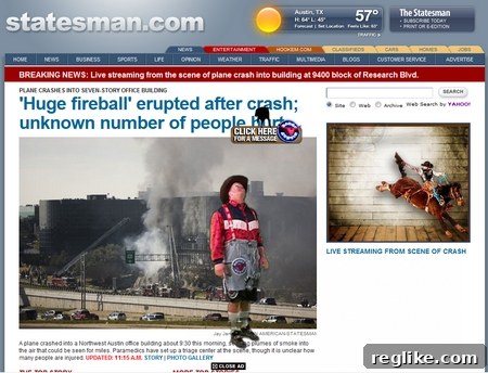 Statesman.com Ad Placement Issue Statesman.com displaying a rodeo ad over a news article about a fiery crash, highlighting a severe brand safety issue.