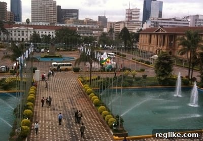 Nairobi Conference Center Activity A vibrant and secure conference environment in Nairobi during the ICANN meeting, showing bustling activity.