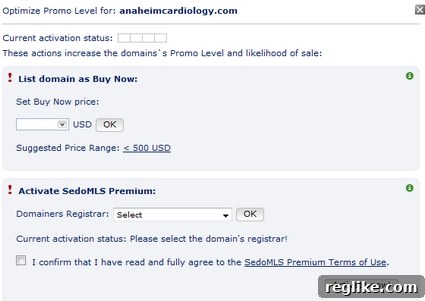Set Domain Price and Registrar Moniker interface for setting Buy Now price and selecting domain registrar