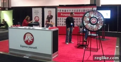 Discover Your Identity: The Engaging .Me Domain Booth at BlogWorld Expo The .Me domain booth at BlogWorld Expo, featuring an interactive prize wheel and promoting .Me domains for personal branding.