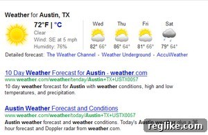 Google Weather Forecast Featured Snippet Google search results showing a featured snippet for 'weather in Austin' displaying current temperature, conditions, and a forecast graph.