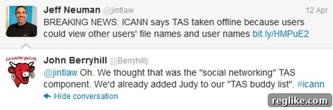 ICANN's TLD Application Debacle: The Web's Top Stories and Social Media Reactions 2 Another tweet from @berryhillj highlighting the severity of the ICANN TAS problem