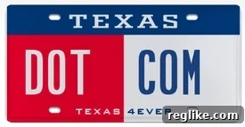 Texas license plate displaying 'DOTCOM', indicating it is taken
