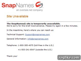SnapNames Outage Notification SnapNames website displaying an outage notice, indicating temporary unavailability and advising users to try again later.