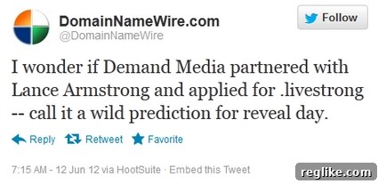 Livestrong Domain Speculation A tweet speculating about the potential of the .livestrong domain for community use