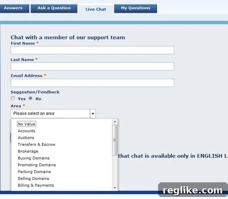 Sedo Live Chat Topic Selection Window