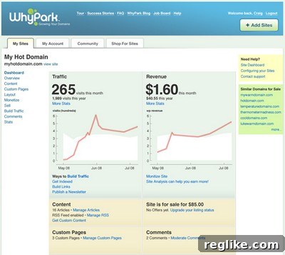 Screenshot of the new WhyPark domain manager interface, showcasing its updated features.