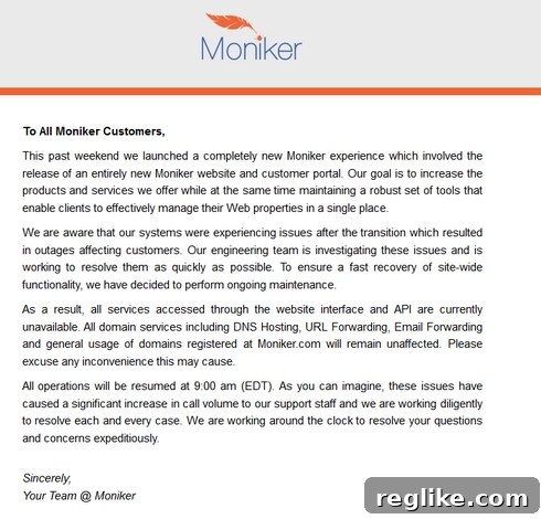 Moniker Goes Dark 2 Moniker Website Outage Notice