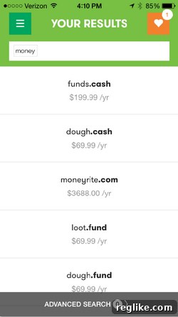 GoDaddy DomainFinder App Search Results