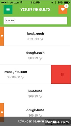 GoDaddy DomainFinder App Favoriting and Eliminating Domains