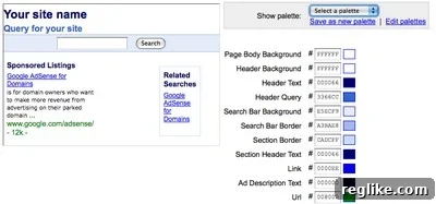 adsense-domains3 Screenshot showing customization options for AdSense for Domains, including color and keyword suggestions
