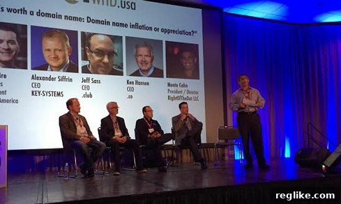 New TLDs Struggle for Recognition 2 Domain name panel featuring industry experts at WHD.usa, discussing the future and challenges of domain names. From left to right: Alexander Siffrin from Key-Systems, Ken Hansen representing .co.com, Jeff Sass from .Club, Brad Lemire of Sedo, and Monte Cahn from Right of the Dot.