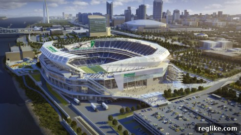 National Car Rental Lands St Louis Stadium Naming Rights 2 A rendering of the proposed National Car Rental Field stadium on the St. Louis riverfront, with the city skyline in the background.