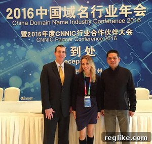 Unlocking China: SnapNames' New Frontier 2 Tom Jennings and Barb Sher of SnapNames with Daniel Zhang from Xinnet, illustrating international partnership at the CNNIC Partner Conference.