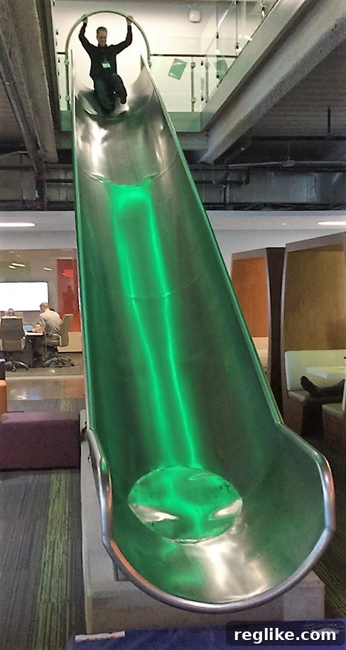 Discover GoDaddy's Tempe Headquarters 5 The exciting slide connecting the second floor directly to the cafeteria at GoDaddy's Tempe Office, showcasing a fun and innovative workplace design.