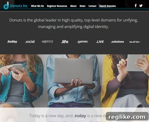 Donuts' Website Relaunch: Key Insights 2 Donuts Inc. new website interface showcasing a modern design and extensive domain search capabilities