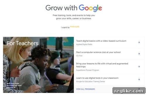 11 sites Google built in-house 3 Screenshot of Grow with Google website, featuring individuals learning and collaborating in a vibrant setting.
