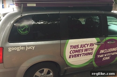 A Jucy van lacking a direct domain name, instead instructing users to Google.
