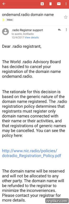 Community-Driven New TLDs: A Precarious Equilibrium 2 Cancellation notice for ondemand.radio domain