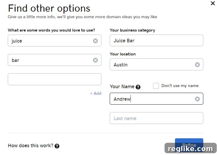 GoDaddy Supercharges Domain Discovery with Intelligent Search 5 GoDaddy refine form input for Juice Bar
