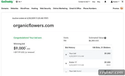 Glitch Disrupts GoDaddy Auctions 2 Screenshot confirming a winning bid on GoDaddy for OrganicFlowers.com