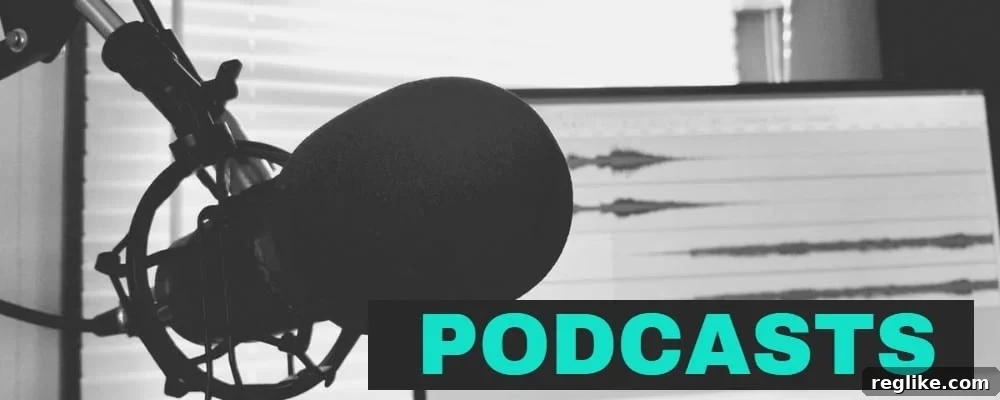 Master Domain Investing: 3 Essential Podcasts 2 Image of microphone with computer monitor in background showing audio recording. Word "Podcasts" overlayed.