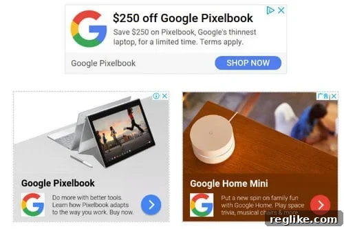 Beyond the Text Ad 2 Examples of Google Adsense's new ad styles, showcasing a blend of text and graphical elements like company logos and detailed product images.