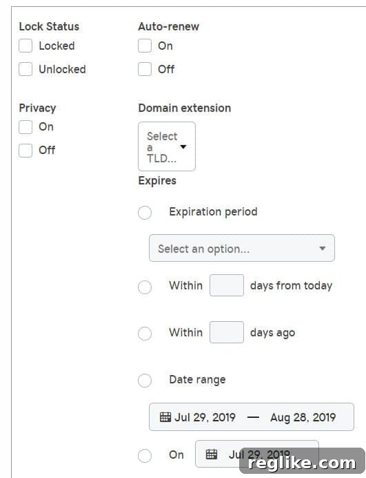 GoDaddy account manager filter functionality. Shows a screenshot of options for filtering your domains for view, such as by expiration date or renewal status
