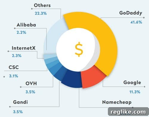 Radix Generates 1.36 Million Premium Revenue in First Half of 2019 2 Pie chart showing registrar market share for Radix premium domain sales. GoDaddy is number 1 at 41.6%, Google is 11.3% and Namecheap is 10.2%.