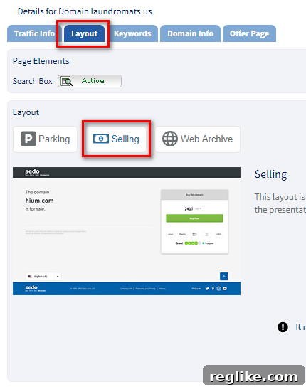 Unlock Faster Sales: How to Set Up Your Sedo For Sale Lander 3 Graphic showing how to set up for-sale landers at Sedo. Click on Layout and then Selling.