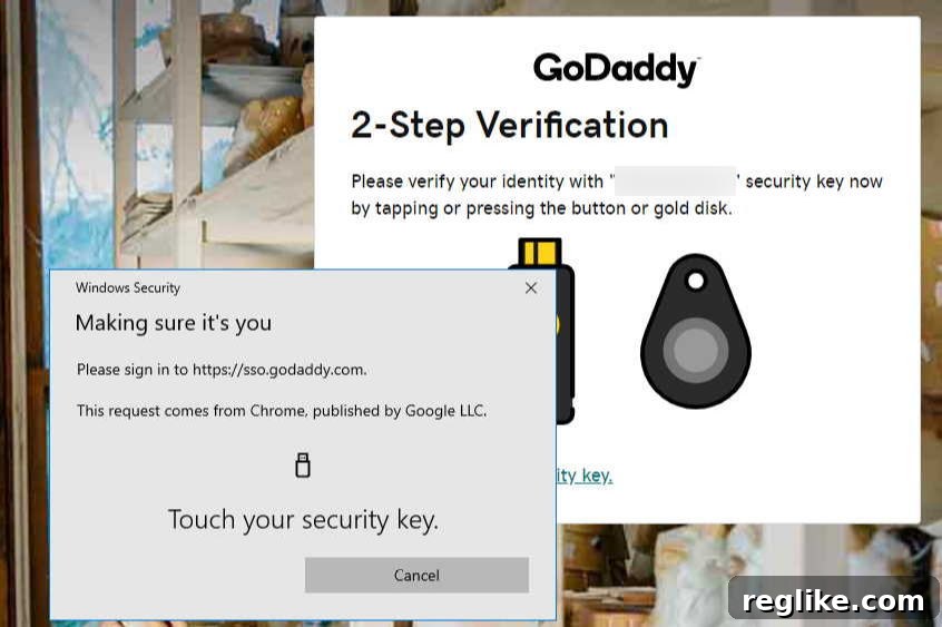 GoDaddy login screen prompting for physical hardware key confirmation, showing a clear, secure step in the login process.