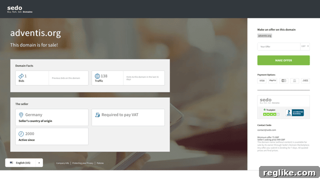 Sedo Unlocks New Options for For-Sale Landers 2 A Sedo for-sale lander showing the seller's information and domain info with a clean, modern background
