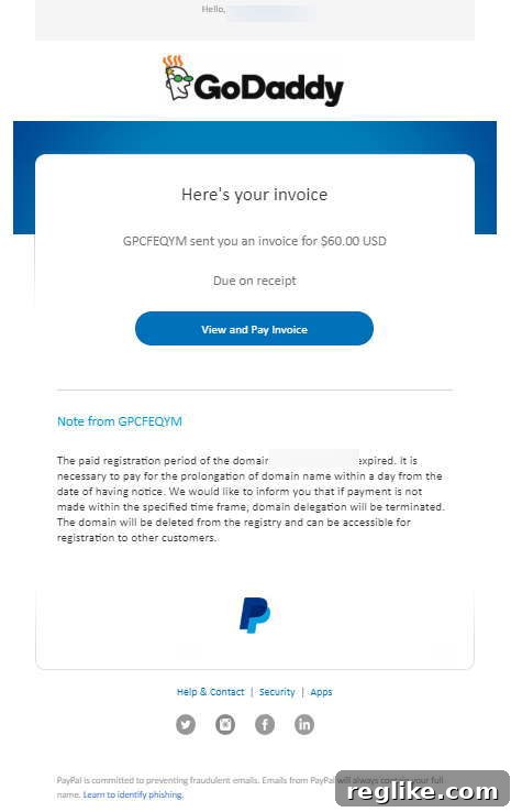 GoDaddy Domain PayPal Invoice Scam 2 A PayPal invoice with the GoDaddy logo on it, showing details of a fake domain renewal.