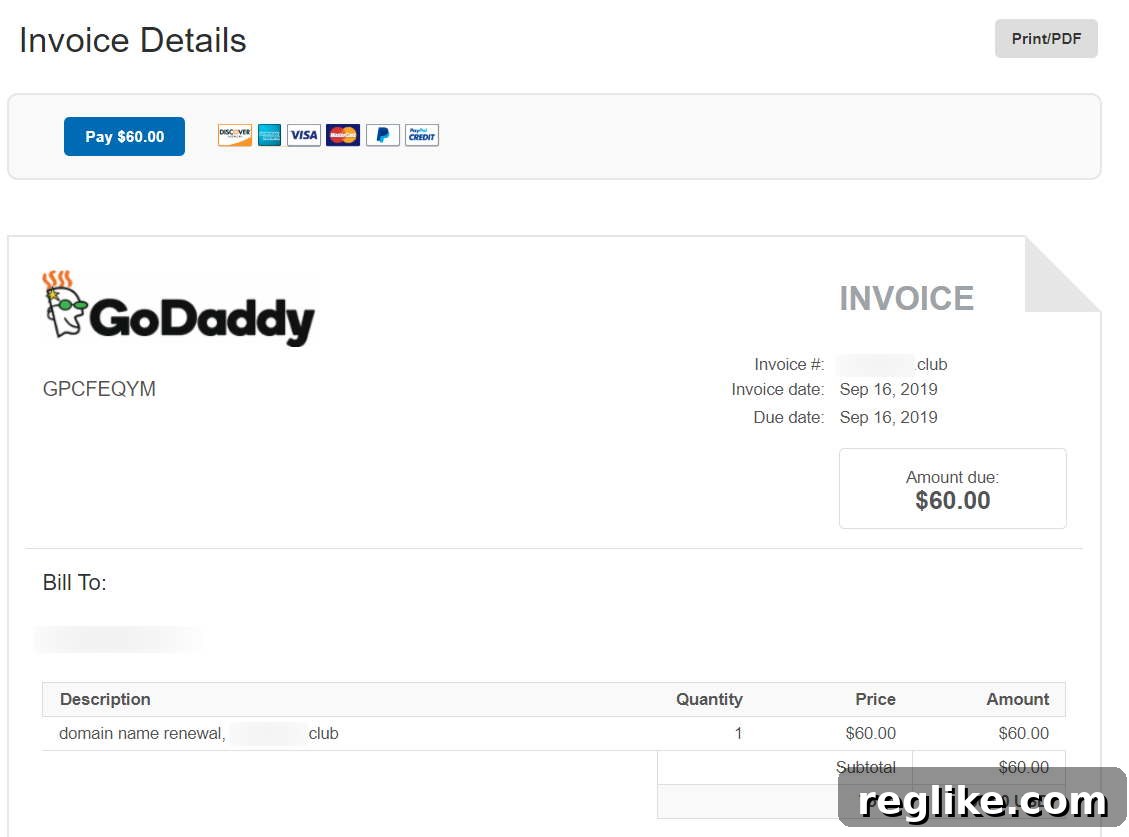 GoDaddy Domain PayPal Invoice Scam 3 A full view of the deceptive PayPal invoice, detailing the payment request and fake renewal terms.