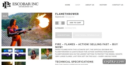 Escobar's Digital Afterlife: Domain Name Secured 2 Screenshot of EscobarInc.com website promoting a flamethrower for sale