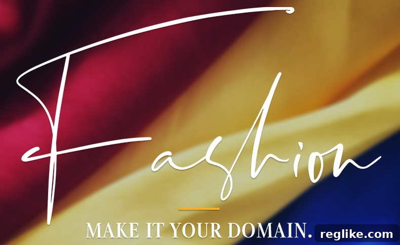 Fashion.com Domain Auction: Register to Own 2 the word "fashion" with "Make it your domain" below on a background of red, gold and blue fabric