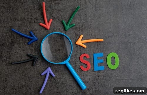 Expired Domains: SEO's Secret Advantage 2 The word "SEO" in red, blue and green on blackboard next to magnifying glass with arrows pointing toward it.