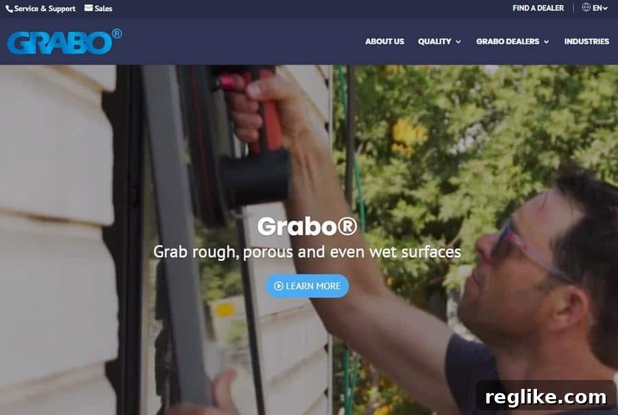 Uniregistry's $160K End User Sales Milestone 2 Screenshot of the website Grabo.com, showing a man using a suction tool to lift a window