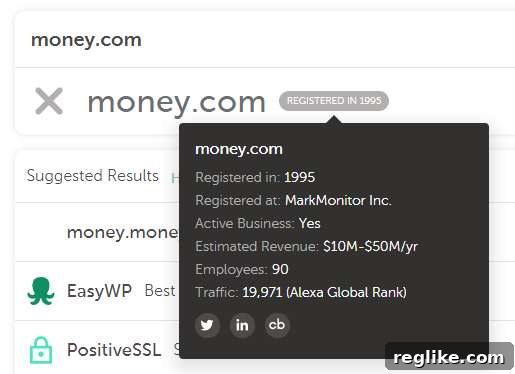 Namecheap Supercharges Domain Search with Innovative Feature 2 A Namecheap search for Money.com, clearly showing the domain was registered in 1995 and its current owner, providing essential historical context to potential buyers.