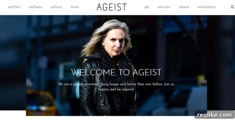 Crypto Tax Firms Drive Domain Acquisitions at Uniregistry 2 Screenshot of home page for Ageist featuring a middle-aged woman in a black coat