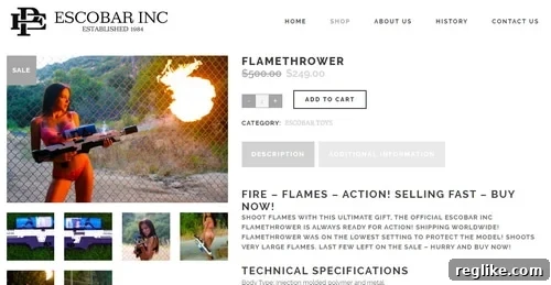 Pablo Escobar's Brand For Sale: Family Asks $1.9 Million 2 Screenshot of EscobarInc.com website promoting a flamethrower for sale