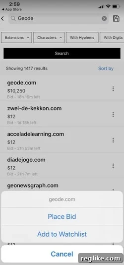 GoDaddy Upgrades Investor App with Search and Watchlists 2 Screenshot of the GoDaddy Investor app showing a search for 'Geode' with options to add to watchlist or place a bid