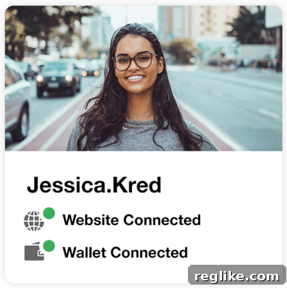 Kred Unites DNS and ENS for Next-Gen Domains 2 Picture of a woman standing in the street with "jessica.kred" below it, and icons indicating that a website and wallet are connected